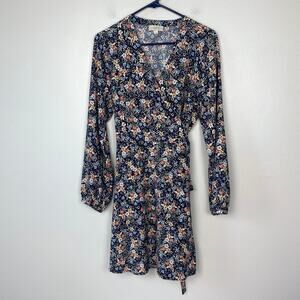 Loft Outlet Navy Floral Wrap Dress Mini Long Sleeve Tie Waist V-neck Size 8‎